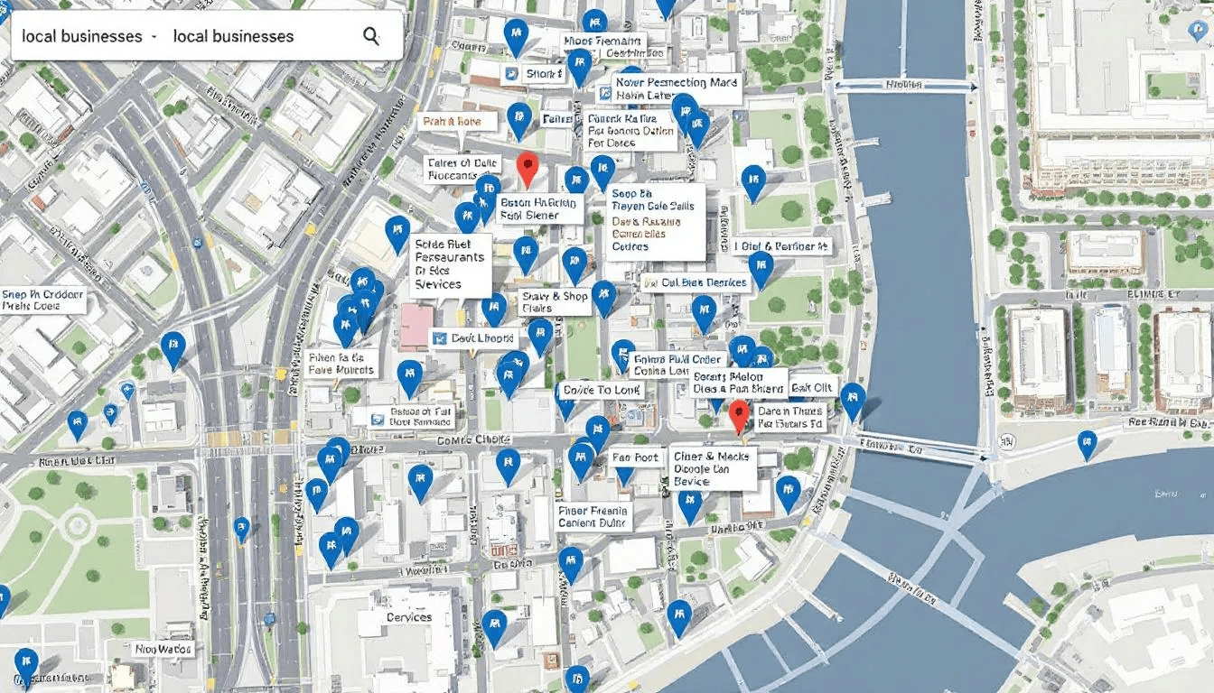 . Die Google Maps Ansicht zeigt eine Übersicht von lokalen Geschäftseinträgen, einschließlich Unternehmensprofilen und deren Standorten, die potenziellen Kunden helfen, relevante Dienstleistungen und Produkte in ihrer Nähe zu finden. Diese Darstellung unterstützt die lokale Suchmaschinenoptimierung und verbessert die Online-Sichtbarkeit der Unternehmen. .