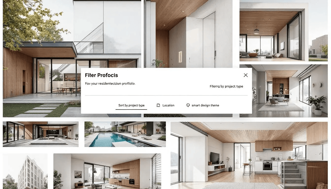 Die Abbildung zeigt eine ansprechende architektonische Portfolio-Website, die hochwertige Projektfotografie präsentiert. Die Benutzer können durch verschiedene Filteroptionen navigieren, um die Projekte von Architekten und Architekturbüros zu entdecken und sich inspirieren zu lassen.