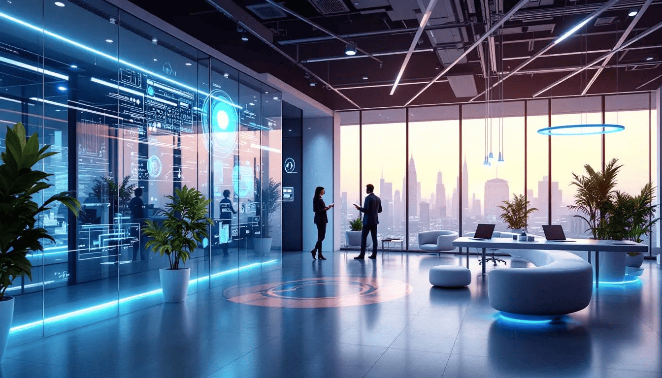 Ein futuristischer Arbeitsplatz ist mit einem VR-Headset und AR-Displays ausgestattet, die digitale Inhalte und Informationen in die reale Umgebung integrieren. Dieser innovative Raum fördert die Kommunikation und Zusammenarbeit im Team und unterstützt Unternehmen bei ihren Content-Marketing-Strategien.