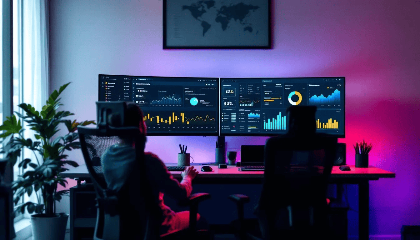 Ein moderner Arbeitsplatz ist zu sehen, an dem mehrere Monitore aufgestellt sind, die verschiedene Analytics-Dashboards anzeigen. Diese Dashboards bieten einen Überblick über wichtige Kennzahlen, die für die Optimierung von Content-Marketing-Strategien und die Analyse von Social-Media-Kampagnen entscheidend sind.