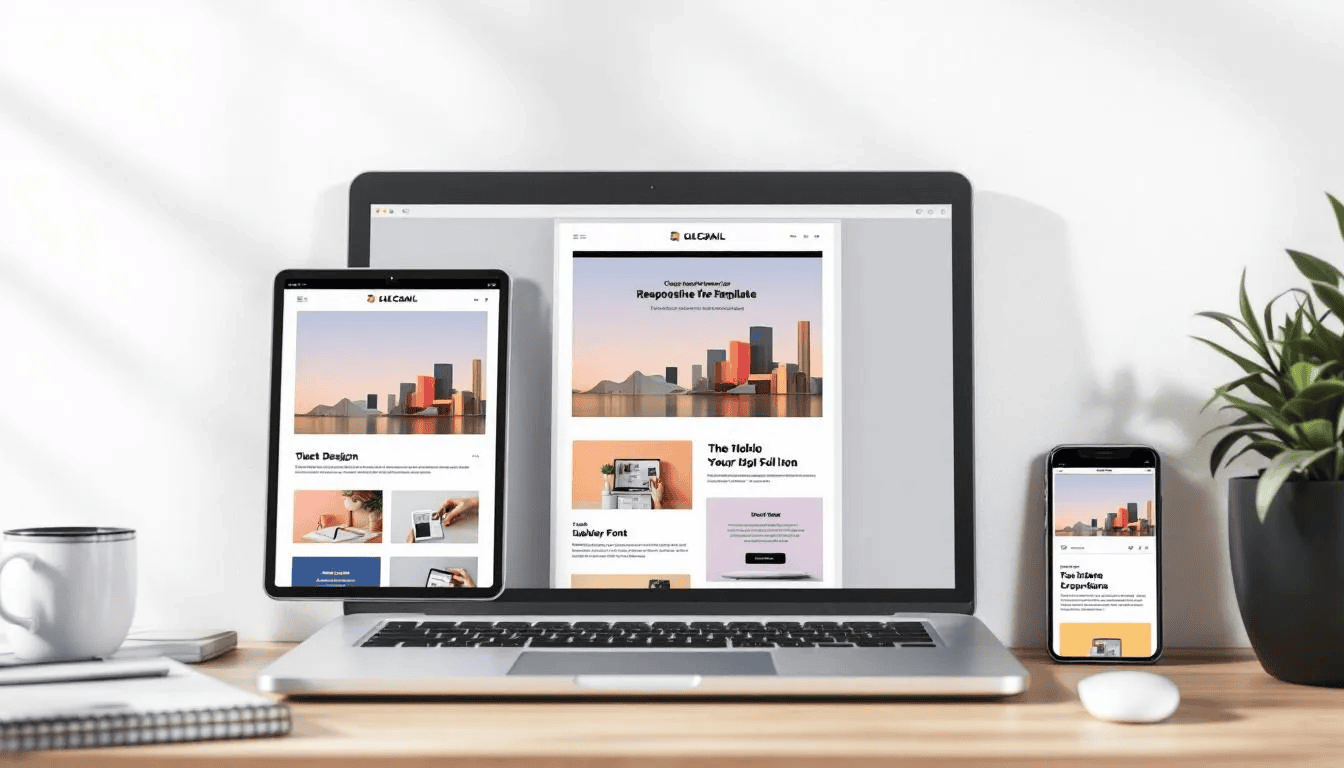 In the image, various responsive e-mail templates are displayed on a desktop, tablet, and smartphone, showcasing how these e-mails adapt to different screen sizes. This visual representation highlights the importance of e-mail marketing tools in creating effective newsletter campaigns that engage recipients across multiple devices.