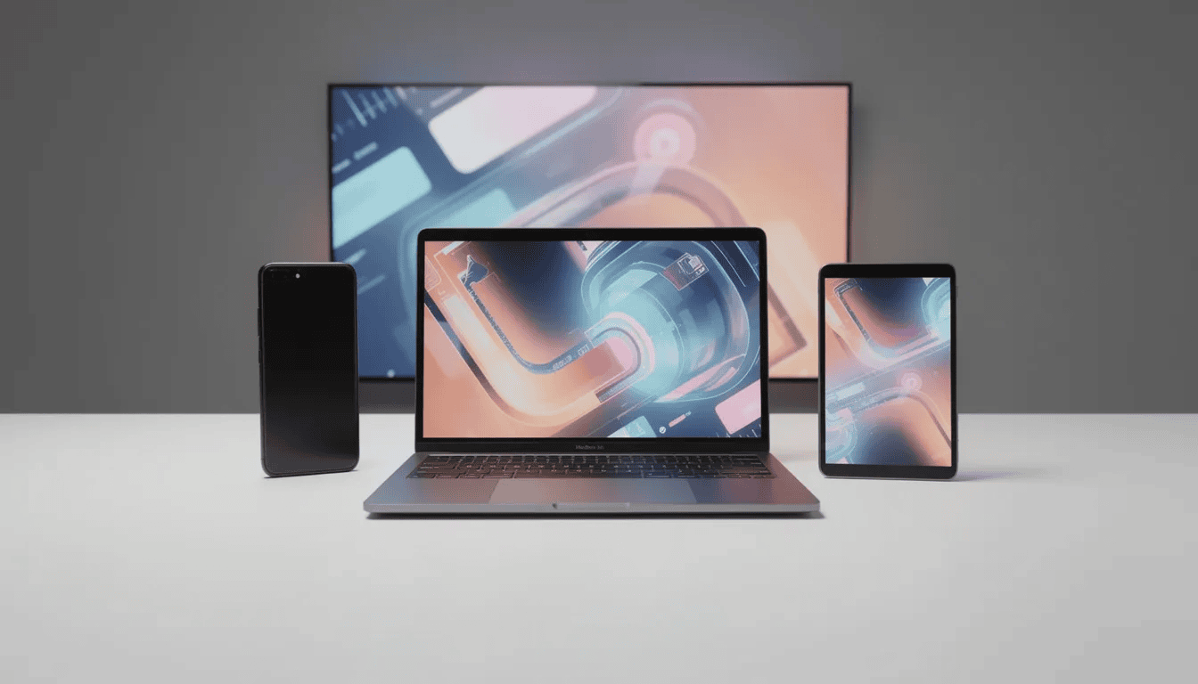 Das Bild zeigt verschiedene Geräte nebeneinander, darunter ein Smartphone, ein Laptop, ein Tablet und ein Smart-TV. Diese Geräte sind ideal für den Zugriff auf Streaming-Dienste und gewährleisten durch einen VPN-Dienst wie NordVPN eine sichere und private Internetverbindung.