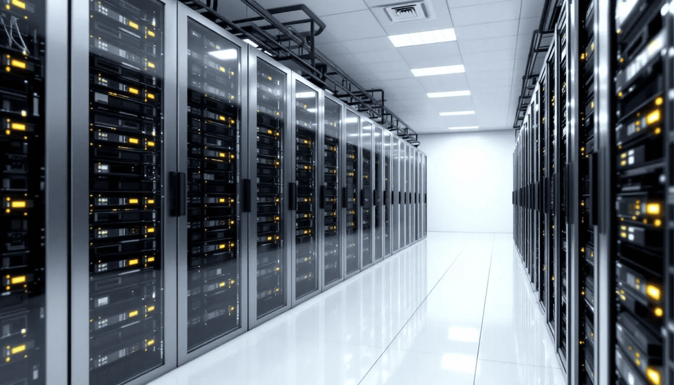 Das Bild zeigt eine moderne Serverfarm in einem Rechenzentrum, in dem zahlreiche Server und Festplatten in Reihen angeordnet sind. Diese Infrastruktur ist entscheidend für die Speicherung und Archivierung von Daten, die für Online-Recherchen und den Zugriff auf Internetinhalte über Dienste wie das Internet Archiv zur Verfügung stehen.