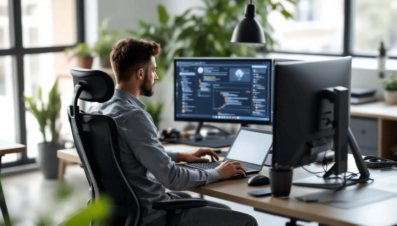 Eine Person arbeitet konzentriert an einem Laptop, umgeben von mehreren Bildschirmen, während sie sich mit Themen des Affiliate Marketings und Performance Marketings beschäftigt. Auf den Bildschirmen sind verschiedene Webseiten und Daten zu sehen, die mit dem Geld verdienen durch Affiliate Programme und Online Marketing in Verbindung stehen.