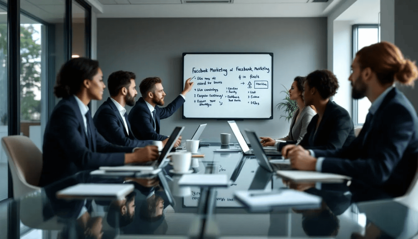 Das Bild zeigt ein Geschäftsmeeting, in dem ein Team von Experten einer Facebook Marketing Agentur Strategien zur Optimierung von Werbekampagnen auf der Social Media Plattform Facebook bespricht. Auf einem großen Bildschirm sind Analysen und Zielgruppeninformationen zu sehen, während die Teilnehmer aktiv an der Entwicklung ihrer Marketingstrategie arbeiten.