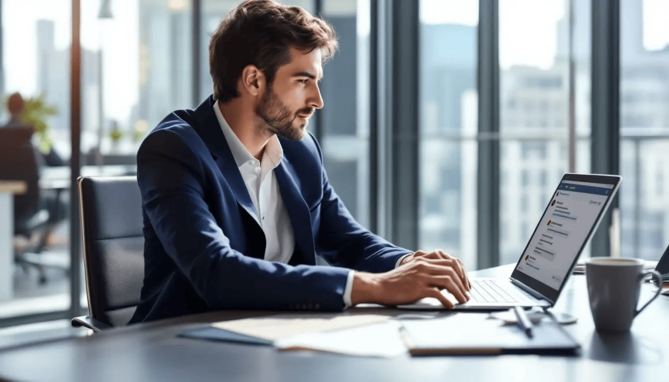 Ein Geschäftsinhaber sitzt an seinem Laptop und beantwortet Kundenanfragen per E-Mail. Diese Interaktion ist entscheidend für die Kundenbindung und die Optimierung seines Google My Business Profils, um die Sichtbarkeit in Suchergebnissen zu erhöhen.