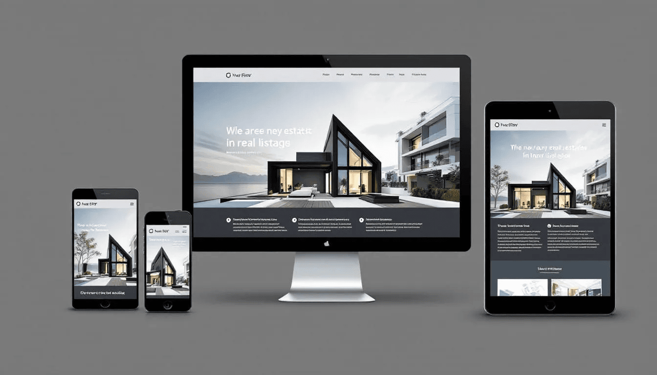 Eine elegante Immobilien-Website mit modernem Design wird auf verschiedenen Endgeräten dargestellt, um Immobilienmaklern eine optimale Online-Präsenz zu bieten. Die Webseite ist benutzerfreundlich gestaltet, um die Sichtbarkeit und den Erfolg bei der Eigentümerakquise und dem Immobilienverkauf zu maximieren.