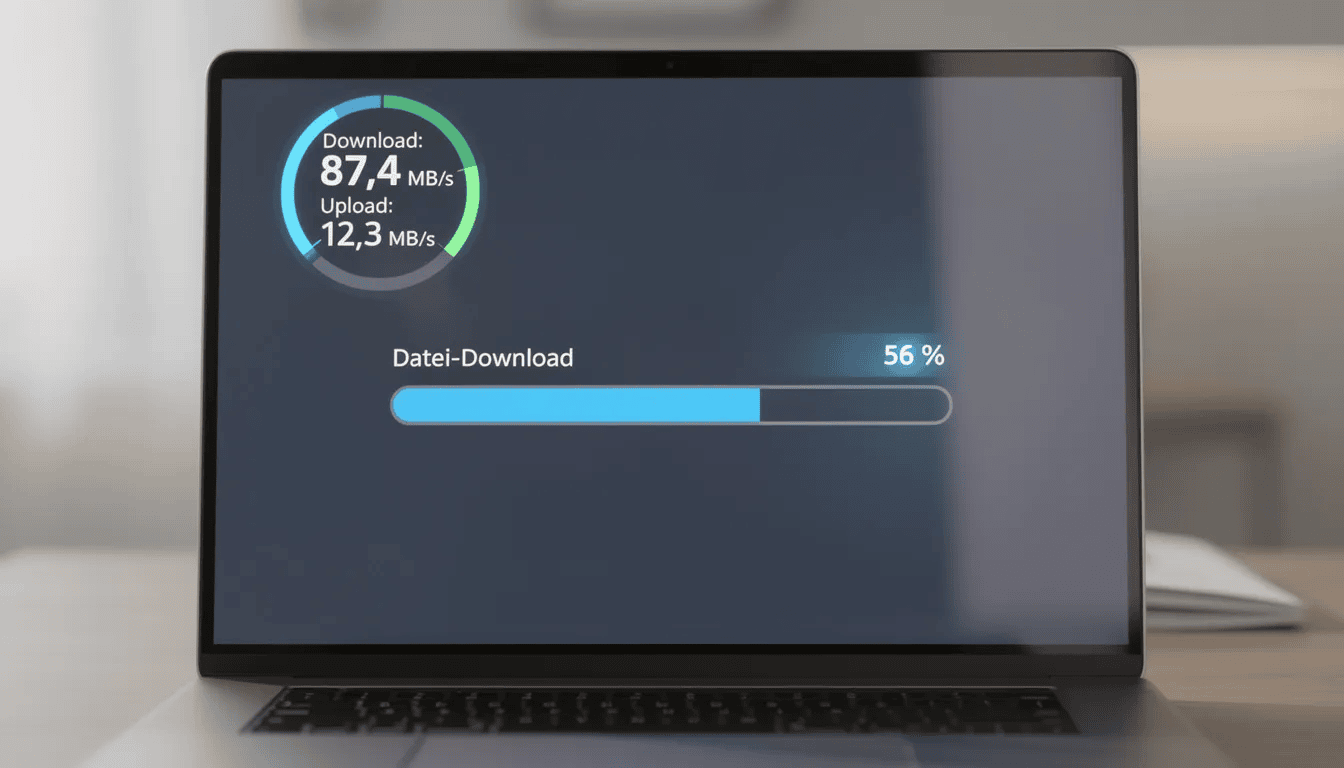 Auf dem Laptop-Bildschirm ist eine Geschwindigkeitsanzeige zu sehen, die die Downloadgeschwindigkeit einer VPN-Verbindung darstellt. Neben einem Downloadbalken wird deutlich, dass der Nutzer einen VPN-Dienst wie NordVPN verwendet, um seine Internetverbindung zu sichern und seine Daten zu schützen.