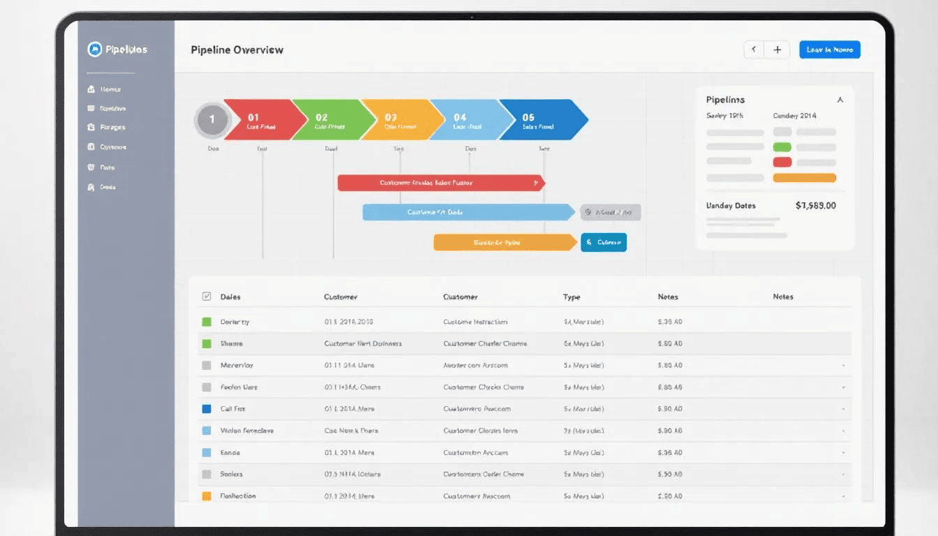 Das Bild zeigt ein professionelles CRM-Dashboard, das eine Pipeline-Übersicht und Kundeninteraktionen anzeigt. Es hebt die Funktionen einer All-in-One-Plattform hervor, die Online-Marketing-Tools wie E-Mail-Marketing, Funnel Builder und Marketing-Automatisierung für Unternehmen und Agenturen integriert.