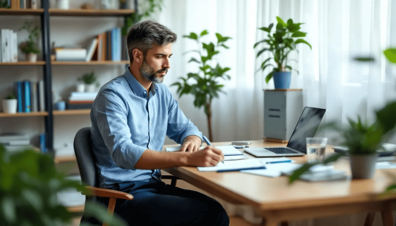In der Abbildung sieht man einen professionellen Coach, der konzentriert an einem Laptop arbeitet, während Notizen auf dem Schreibtisch liegen. Diese Szene vermittelt ein Gefühl von Klarheit und Expertise im Bereich Coaching, ideal für die Entwicklung einer effektiven Coaching-Website.