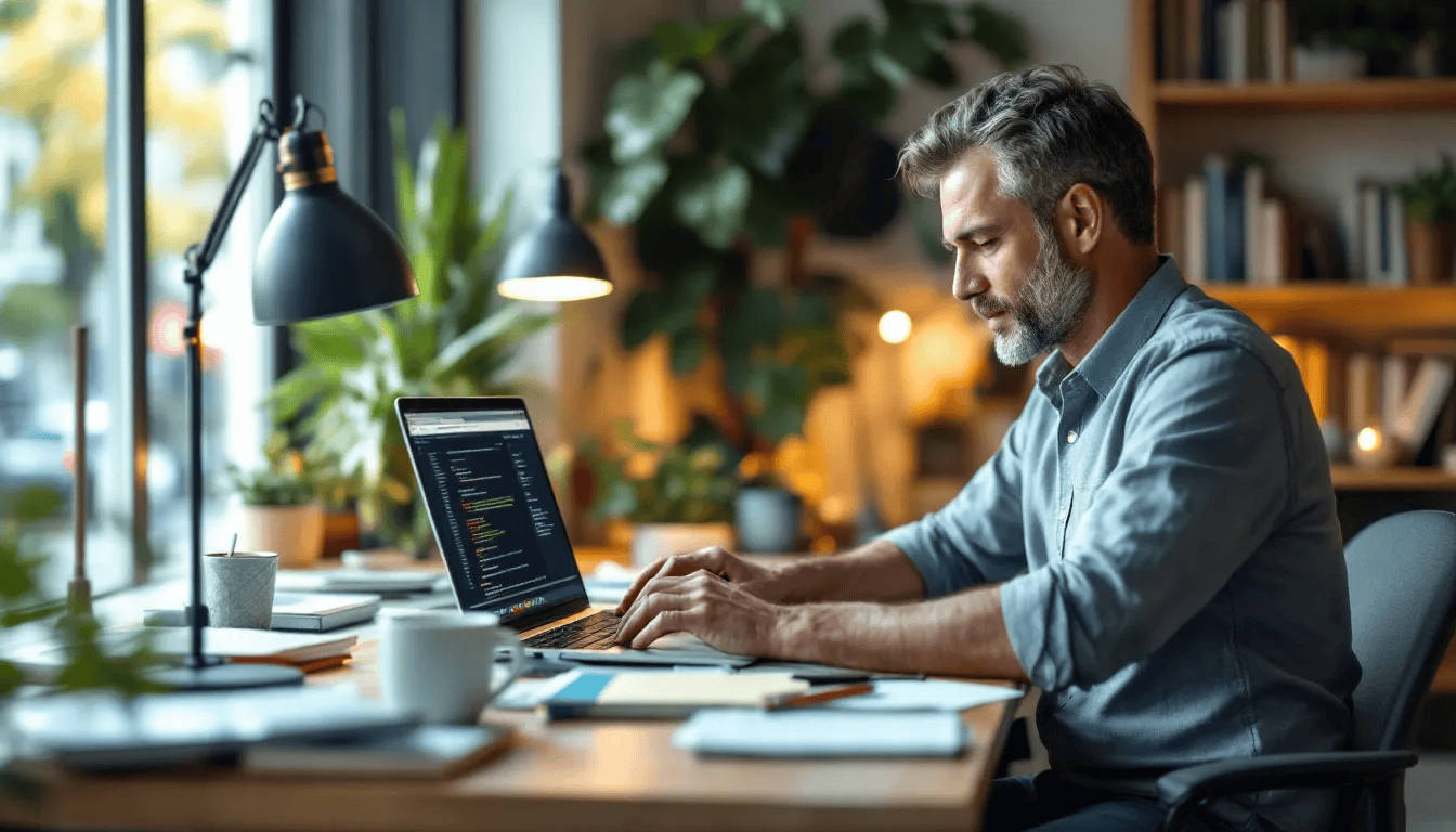 Ein kleiner Unternehmer sitzt an seinem Laptop und arbeitet an der Erstellung seiner eigenen Website, indem er einen Website-Baukasten verwendet. Auf dem Bildschirm sind Drag-and-Drop-Funktionen und Vorlagen sichtbar, die ihm helfen, eine professionelle Online-Präsenz für sein kleines Unternehmen zu gestalten.