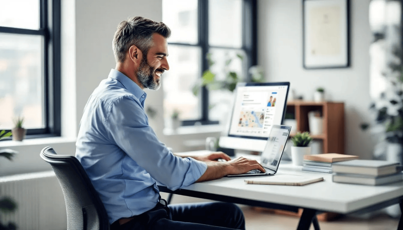 Ein zufriedener Geschäftsinhaber arbeitet an seinem Laptop und verwaltet sein Google Unternehmensprofil. Er optimiert seinen My Business Eintrag, um die Sichtbarkeit in den Suchergebnissen zu erhöhen und Kundenanfragen effizient zu bearbeiten.