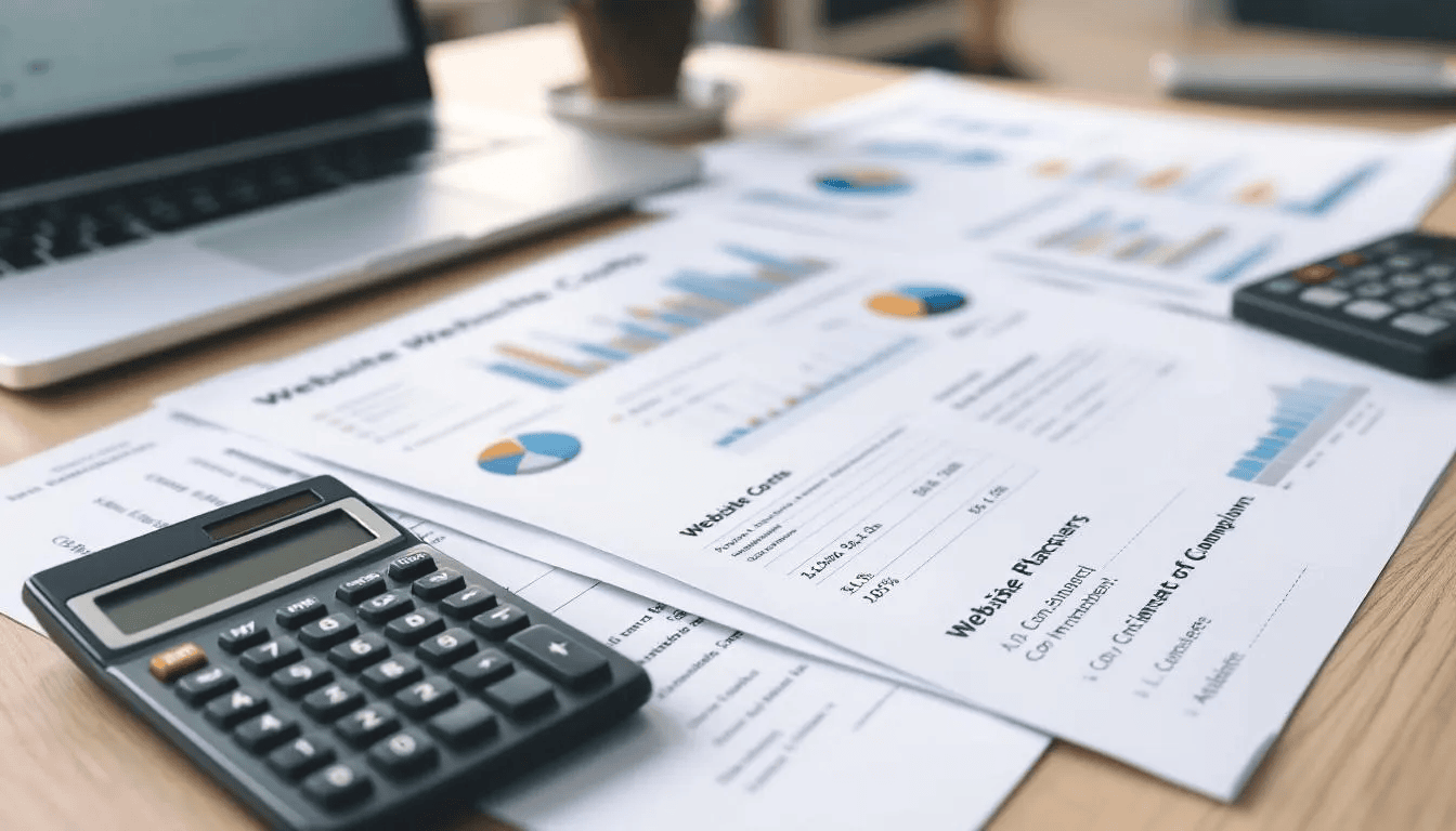 Eine Calculator und Geschäftsdokumente liegen auf einem Tisch, um die Kosten für die Erstellung einer Website für Hochzeitsfotografen zu planen. Diese Materialien sind wichtig für die Online-Präsenz und den Erfolg von Fotografen, die ihre Leidenschaft für Hochzeitsfotografie online präsentieren möchten.