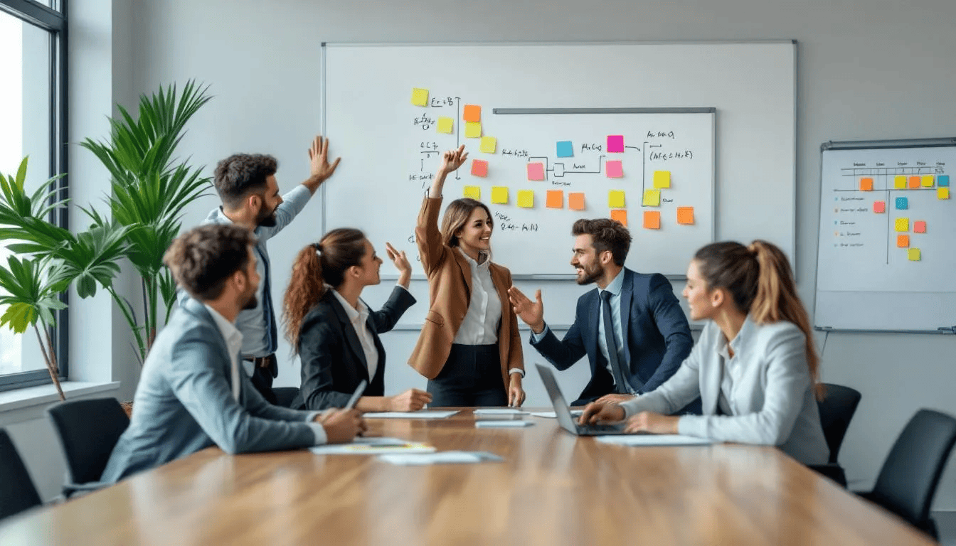 Das Bild zeigt ein Projektteam bei einer Strategiebesprechung, umgeben von Whiteboards und Post-It Notes, die wichtige Punkte zur Content Marketing Strategie festhalten. Die Mitarbeiter diskutieren aktiv, um effektive Lösungen für ihre Marketingziele zu entwickeln.
