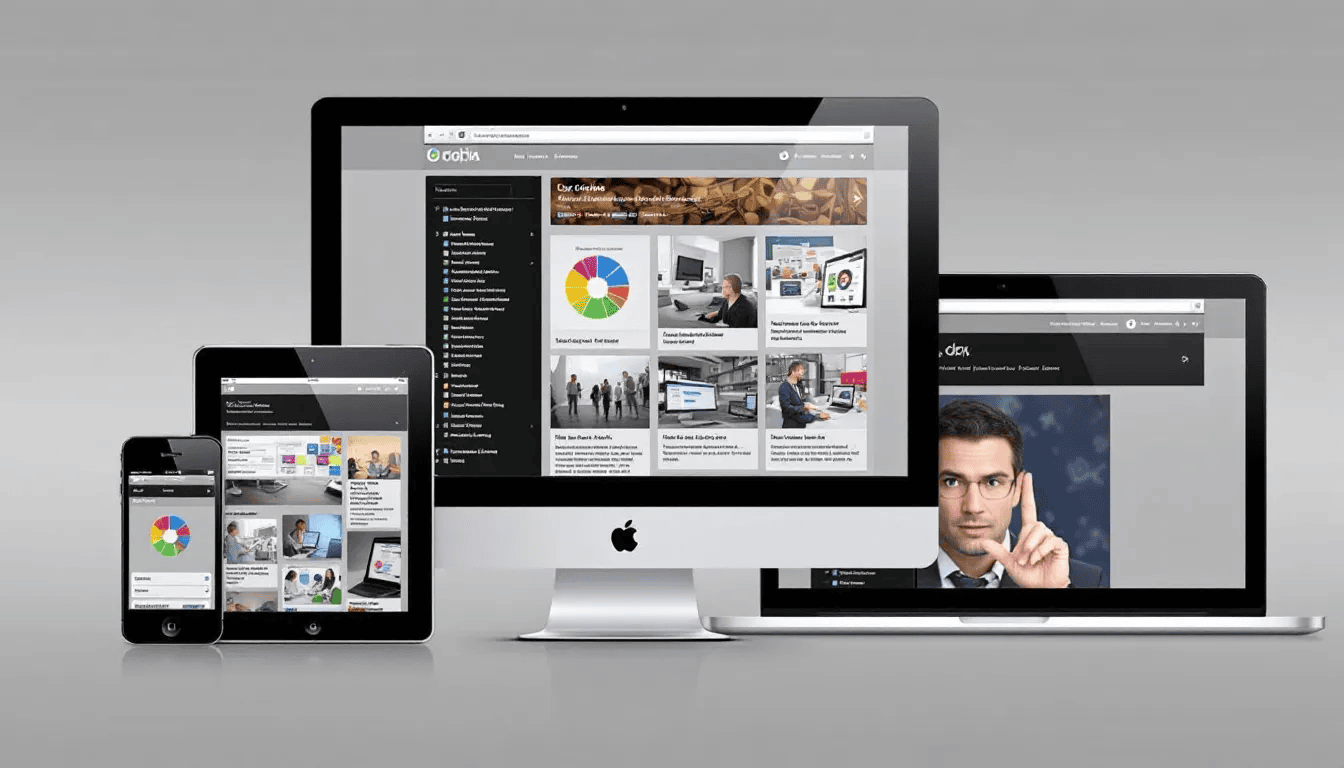 In der Abbildung sind verschiedene responsive Website-Designs zu sehen, die auf unterschiedlichen Geräten wie Smartphones, Tablets und Laptops angezeigt werden. Diese Designs verdeutlichen die Benutzerfreundlichkeit und Flexibilität von Website-Baukästen, die es kleinen Unternehmen ermöglichen, eine professionelle Online-Präsenz zu erstellen.