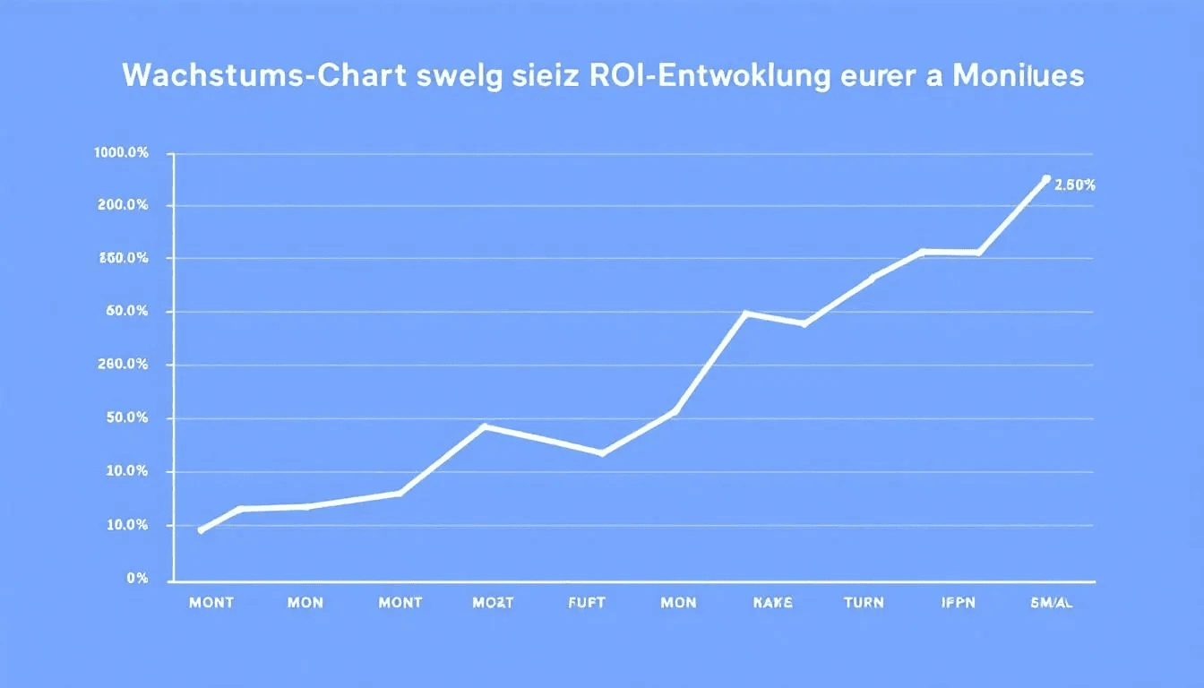 In the image, a growth chart illustrates the ROI development over a 12-month period, showcasing the performance of an all-in-one platform for online marketers. The chart highlights key metrics related to marketing automation, funnel building, and customer engagement, providing valuable insights for agencies and businesses.