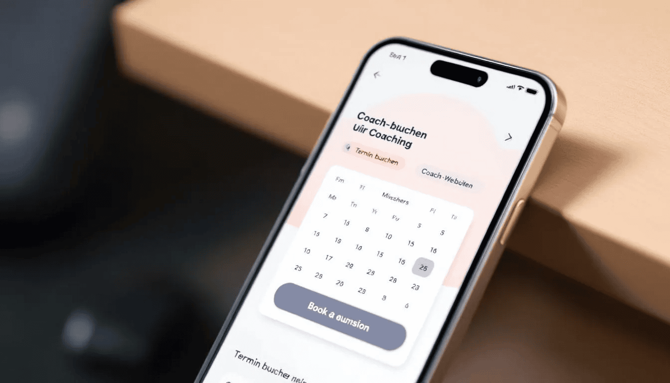 Ein Smartphone zeigt eine Coaching-Website mit einem benutzerfreundlichen Terminbuchungs-Interface, das Coaches und Klienten eine einfache Möglichkeit bietet, Termine zu vereinbaren und die Online-Präsenz des Coaching-Business zu optimieren. Das Design ist modern und mobil optimiert, um eine klare Kommunikation und Vertrauen zwischen Beratern und ihrer Zielgruppe zu fördern.