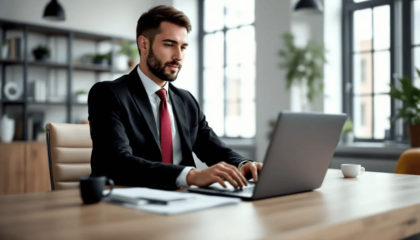 Ein moderner Immobilienmakler sitzt an seinem Laptop und arbeitet an einer professionellen Webseite für Immobilienmakler, während er Informationen und Anfragen von Kunden bearbeitet. Die Szene vermittelt ein Gefühl von Online-Marketing und dem Einsatz von Webdesign, um die Sichtbarkeit und den Erfolg seiner Immobilienangebote zu steigern.