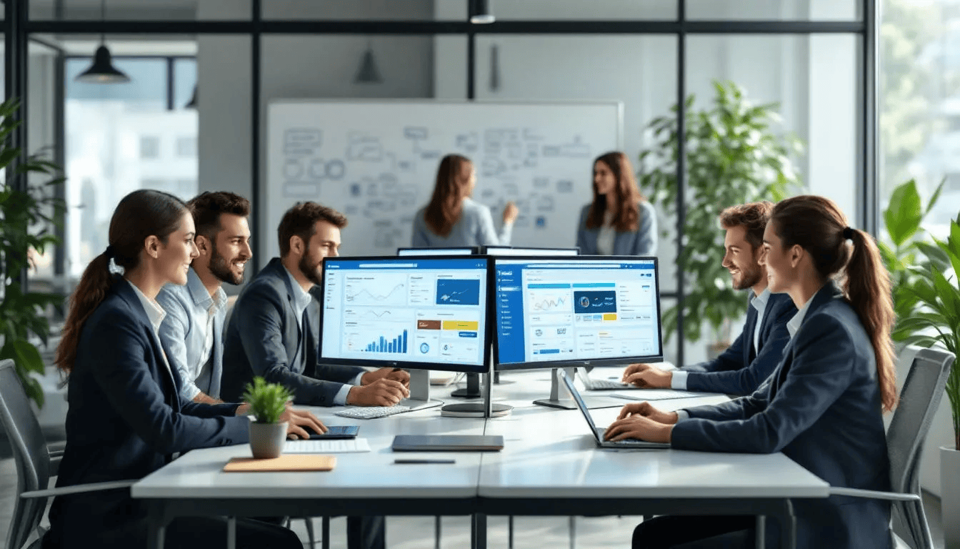 Ein professionelles Team arbeitet in einem modernen Büro an Facebook Marketing Strategien, um die Reichweite und Bekanntheit von Marken zu erhöhen. Sie analysieren Zielgruppen und entwickeln maßgeschneiderte Ads Kampagnen für eine effektive Performance im Social Media Marketing.