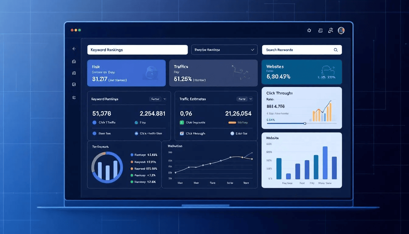 Das Bild zeigt ein SEO-Tools-Dashboard mit detaillierten Keyword-Rankings und Performance-Metriken, die für einen Shopify-Shop von Bedeutung sind. Die Darstellung umfasst wichtige Daten zur Sichtbarkeit in Suchmaschinen und zur Optimierung von Produkt- und Kategorieseiten für bessere Rankings in den Suchergebnissen.