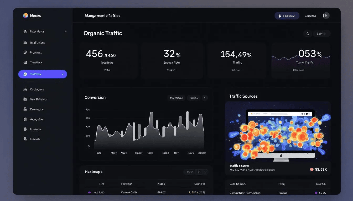 Das Bild zeigt ein Analytics Dashboard mit detaillierten Metriken zu organischem Traffic und Conversion-Raten für einen Shopify Shop. Es sind Grafiken und Diagramme zu sehen, die die Sichtbarkeit in Suchmaschinen und die Rankings von Produkten in den Suchergebnissen darstellen, sowie wichtige SEO-Maßnahmen zur Optimierung des Online Shops.