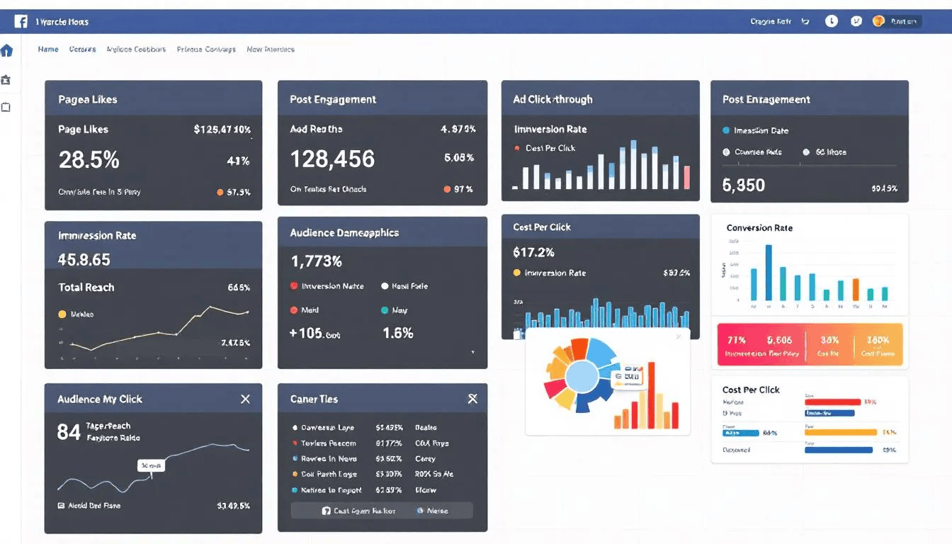 Das Bild zeigt ein Analytics Dashboard, das die Performance-Metriken von Facebook Marketing darstellt, einschließlich verschiedener Anzeigenkampagnen und deren Reichweite. Es verdeutlicht die Analyse von Zielgruppen und die Optimierung der Marketingstrategie durch eine Marketing Agentur.