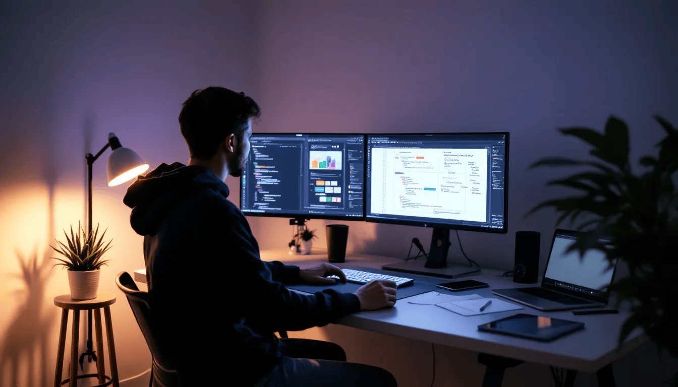 In der Abbildung ist ein kreativer Designer zu sehen, der an einem einzigartigen Website-Layout arbeitet, während er verschiedene Website-Baukästen und Vorlagen auf seinem Computerbildschirm betrachtet. Die Szene vermittelt den Prozess der Website-Erstellung, der für kleine Unternehmen von Bedeutung ist, um eine professionelle Online-Präsenz zu schaffen.