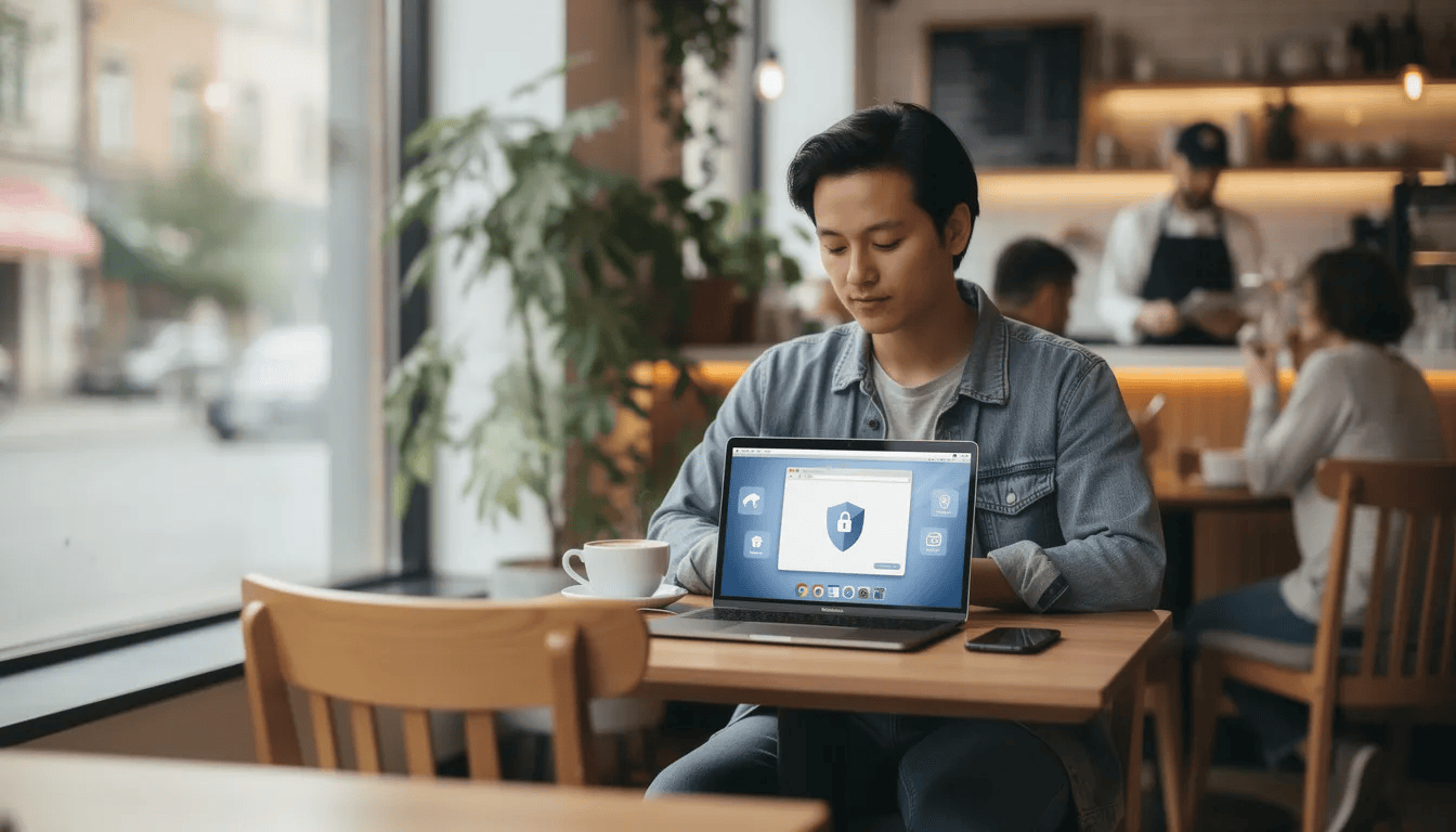 Eine Person sitzt in einem Café und arbeitet konzentriert an ihrem Laptop, während sie sicher im Internet surft. Um sich vor Bedrohungen wie Viren und Malware zu schützen, nutzt sie Antivirus-Software und einen Passwort-Manager.