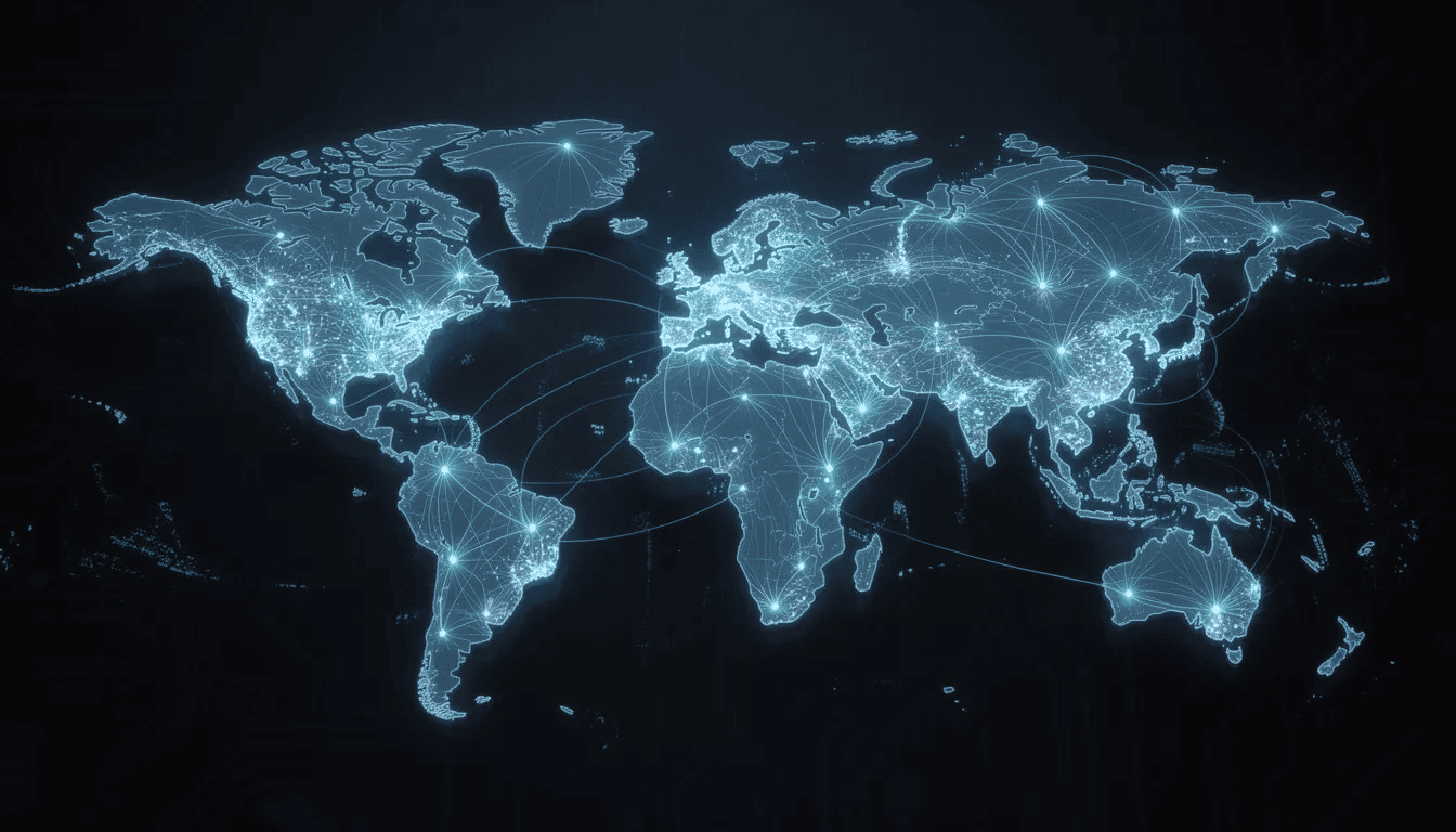 Die Weltkarte zeigt leuchtende Verbindungspunkte, die ein globales Servernetzwerk symbolisieren, und verdeutlicht die Reichweite eines VPN-Dienstes wie NordVPN. Diese Darstellung betont die Sicherheit und Geschwindigkeit der VPN-Verbindung, die rund um die Uhr verfügbar ist.
