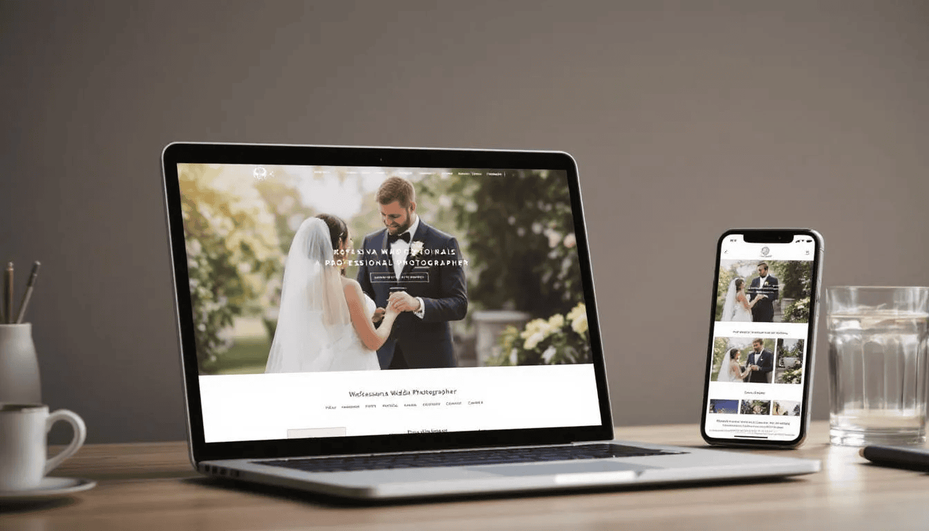 Die Abbildung zeigt eine professionelle Webseite für Hochzeitsfotografen, die sowohl auf einem Laptop als auch auf einem mobilen Gerät angezeigt wird. Die Online-Präsenz präsentiert ansprechende Hochzeitsfotos und vermittelt die Leidenschaft und Expertise des Fotografen, um Paare für ihren Hochzeitstag zu gewinnen.