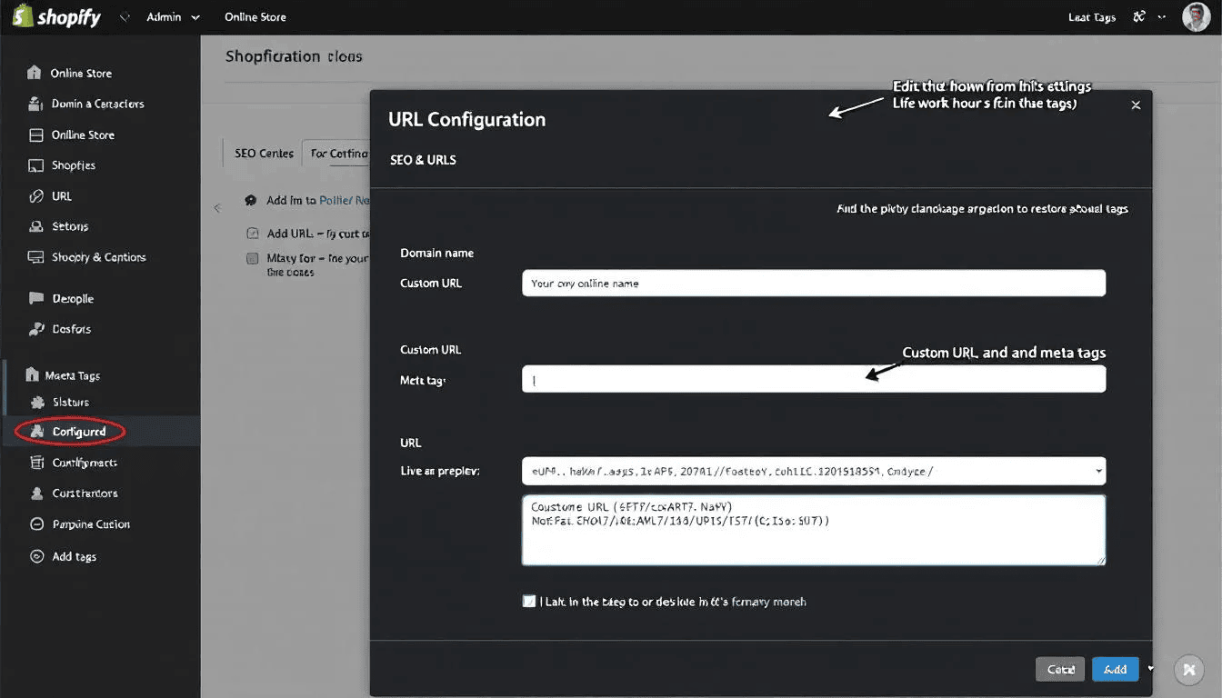 Das Bild zeigt die Shopify Admin-Oberfläche mit einem Fokus auf die SEO-Einstellungen und URL-Konfiguration. Nutzer können hier wichtige SEO-Maßnahmen wie die Anpassung von Meta-Tags und die Optimierung von Produkt- und Kategorieseiten vornehmen, um die Sichtbarkeit in den Suchmaschinenergebnissen zu verbessern.