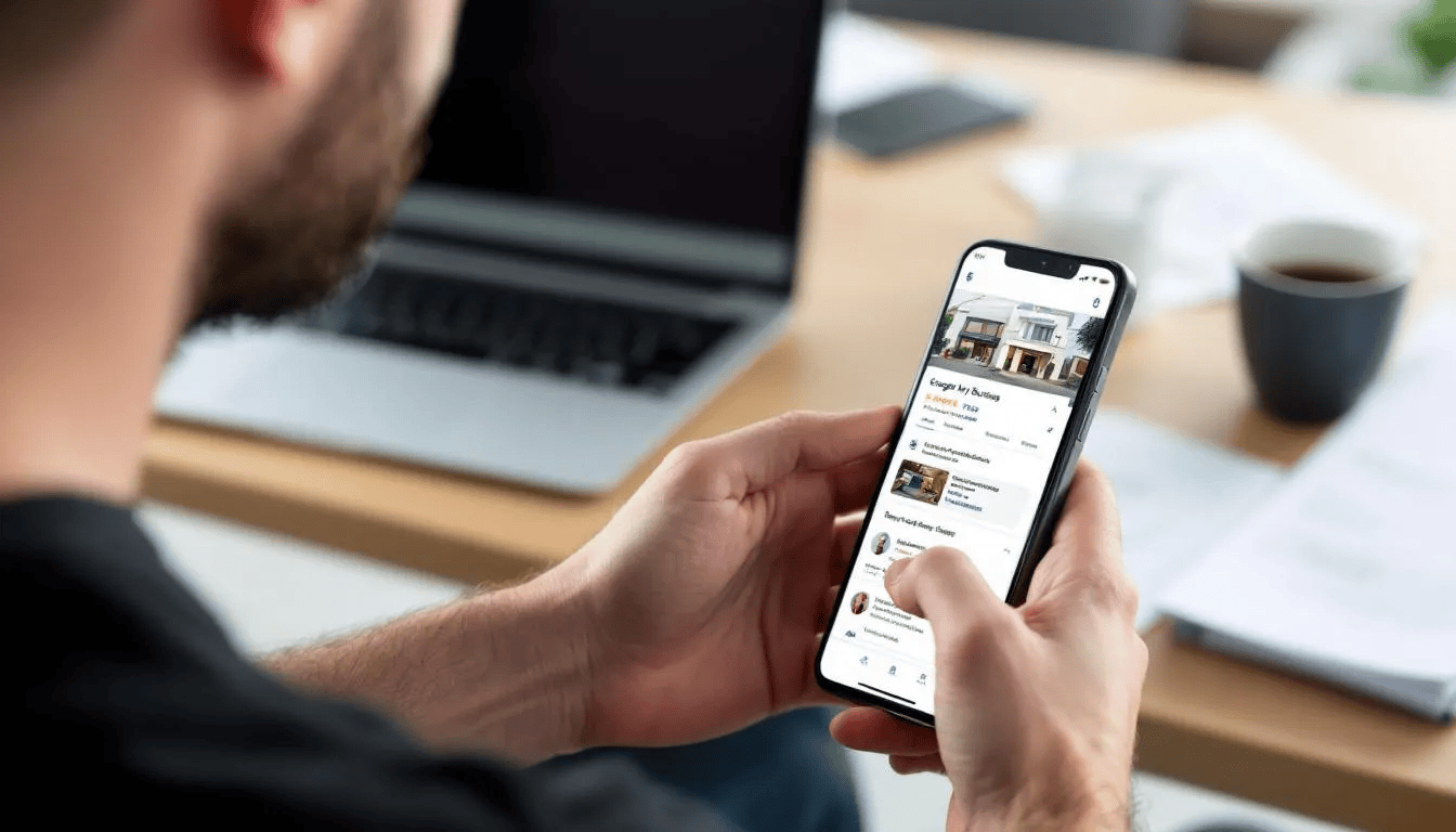 Ein Kunde hält ein Smartphone in der Hand und stellt eine Frage zu seinem Google My Business Eintrag. Die Szene zeigt, wie wichtig die Optimierung des Unternehmensprofils für die Sichtbarkeit in den Suchergebnissen ist.
