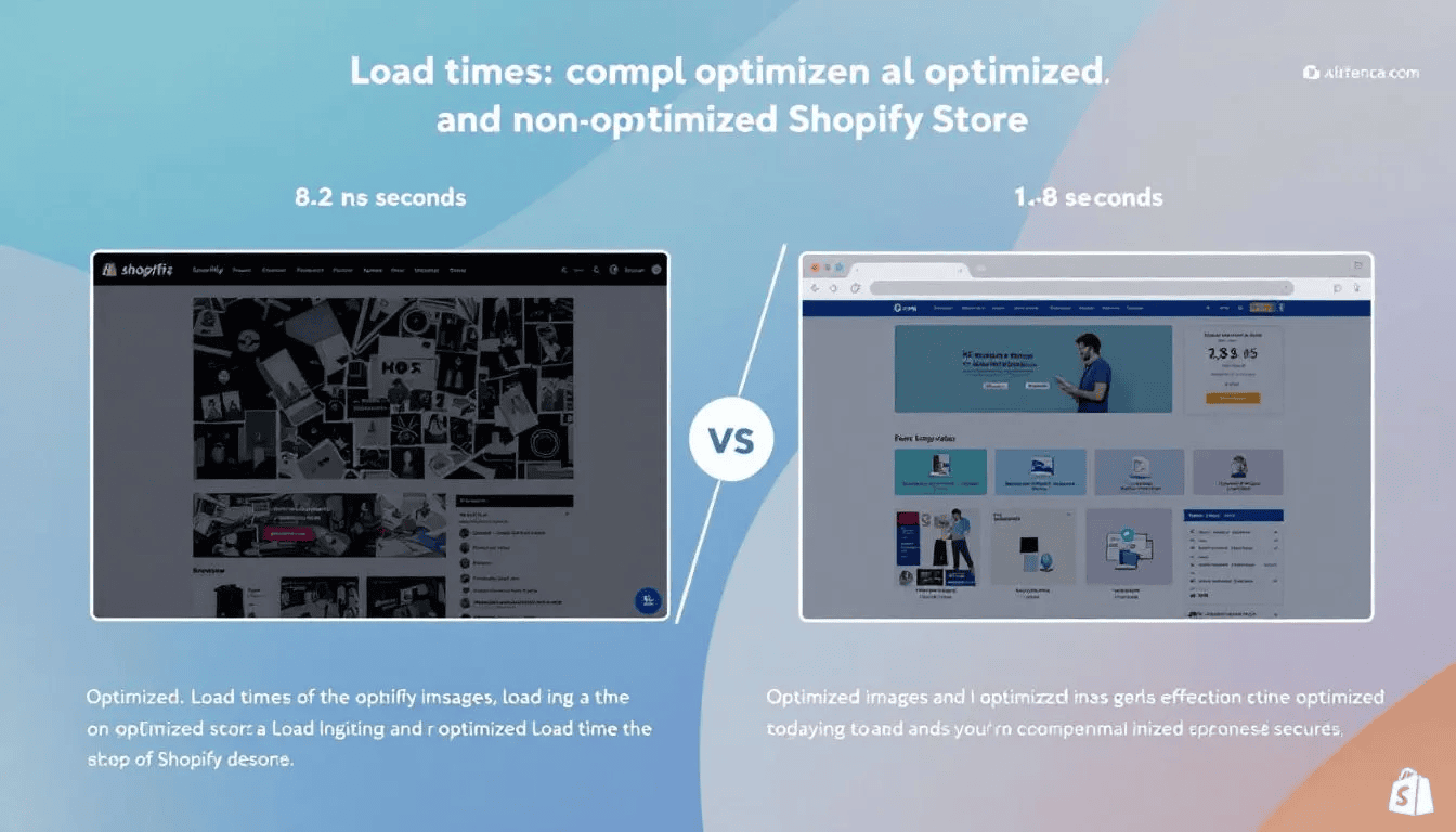 Das Bild zeigt einen Vergleich der Ladezeiten zwischen einem optimierten und einem nicht-optimierten Shopify Shop. Auf der linken Seite sind die schnellen Ladezeiten des optimierten Shops dargestellt, während die langsamen Ladezeiten des nicht-optimierten Shops auf der rechten Seite zu sehen sind, was die Bedeutung von SEO-Optimierung für die Sichtbarkeit in Suchmaschinen unterstreicht.