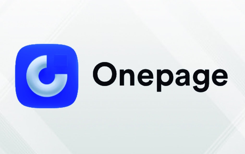 Blaues und weißes Onepage-Logo-Symbol links neben dem Wort "Onepage" in schwarzer Schrift auf einem hellen, gemusterten Hintergrund.
