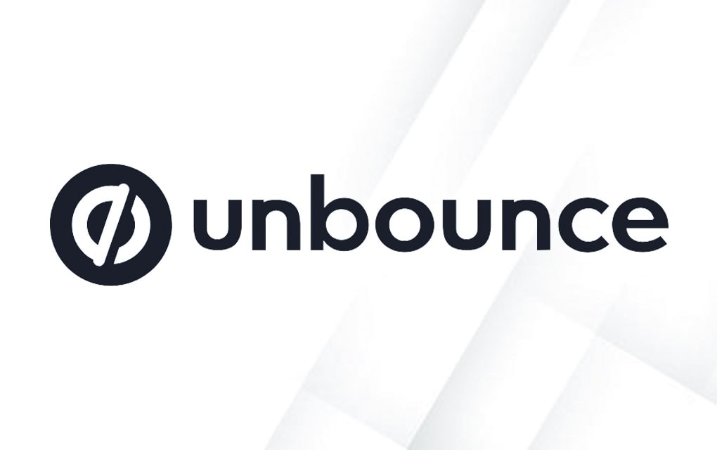 Unbounce-Logo mit einem kreisförmigen Symbol mit einer diagonalen Linie und dem Wort "unbounce" in fetten, schwarzen Kleinbuchstaben auf weißem Hintergrund.