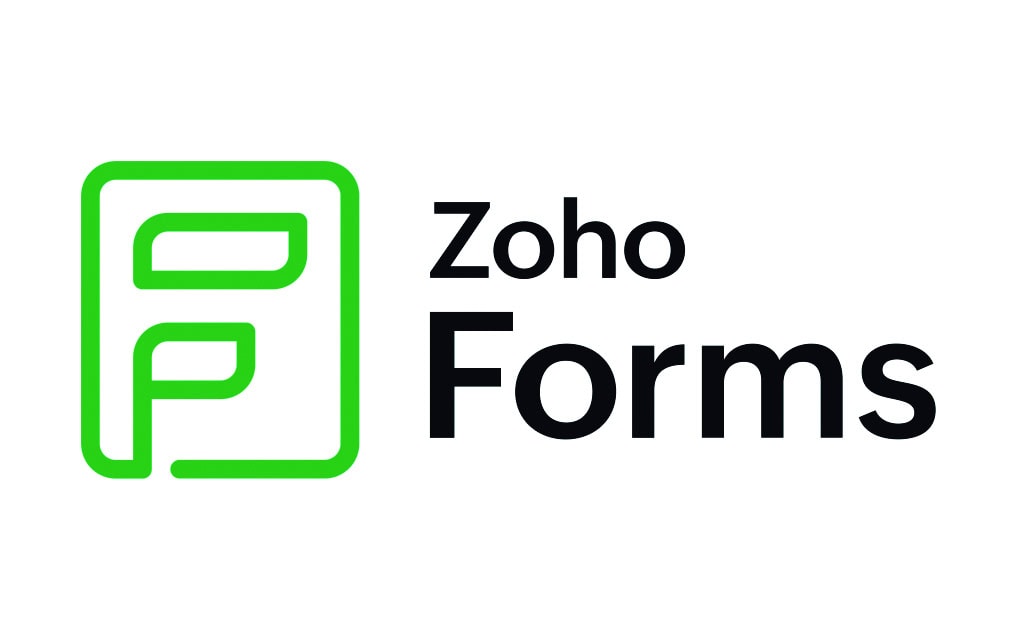Zoho Forms-Logo mit einem grün umrandeten Symbol, das dem Buchstaben "F" ähnelt, neben dem schwarzen Text "Zoho Forms" auf weißem Hintergrund.