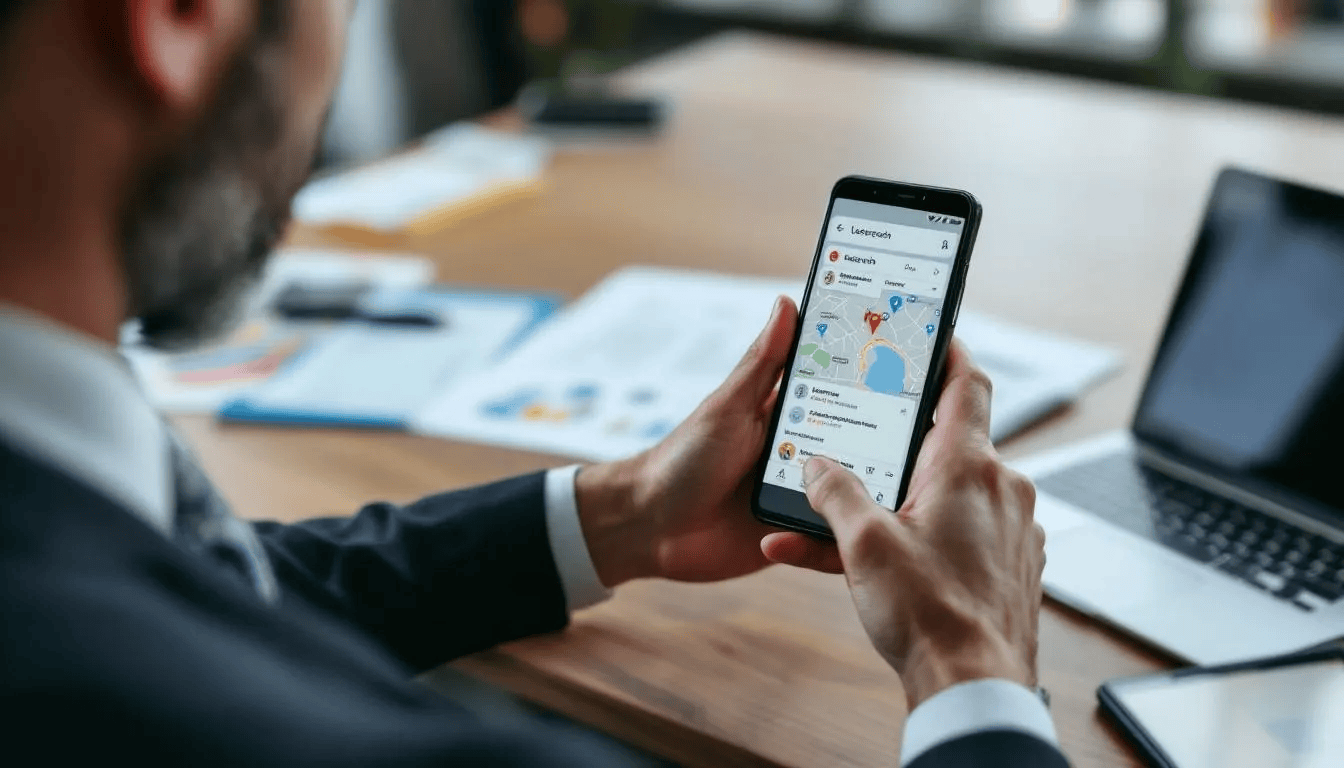 In der Abbildung sieht man einen Geschäftsinhaber, der auf sein Smartphone schaut und lokale Suchergebnisse durchblättert, möglicherweise um sein Google Unternehmensprofil zu überprüfen und die Sichtbarkeit seines Unternehmens zu verbessern. Diese Interaktion könnte Teil seiner SEO Strategie sein, um in den lokalen Suchmaschinen besser platziert zu werden und Neukunden zu gewinnen.