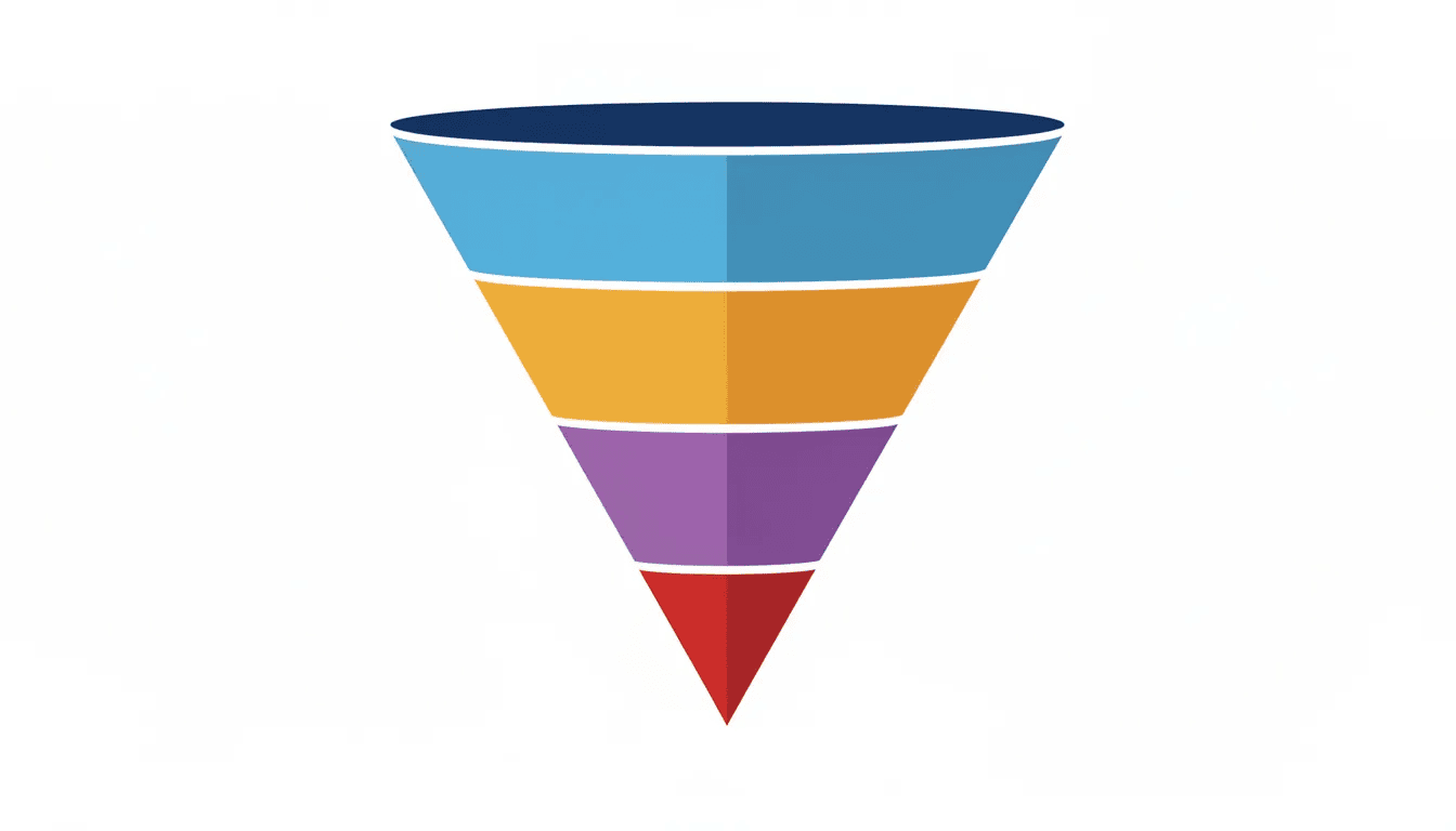 Das Bild zeigt einen Verkaufstrichter, der in verschiedenen abstrakten geometrischen Formen dargestellt ist. Diese Visualisierung verdeutlicht die verschiedenen Stufen der Lead-Generierung und ermöglicht es Unternehmen, ihre Zielgruppe besser zu verstehen und das Geschäftswachstum zu fördern.