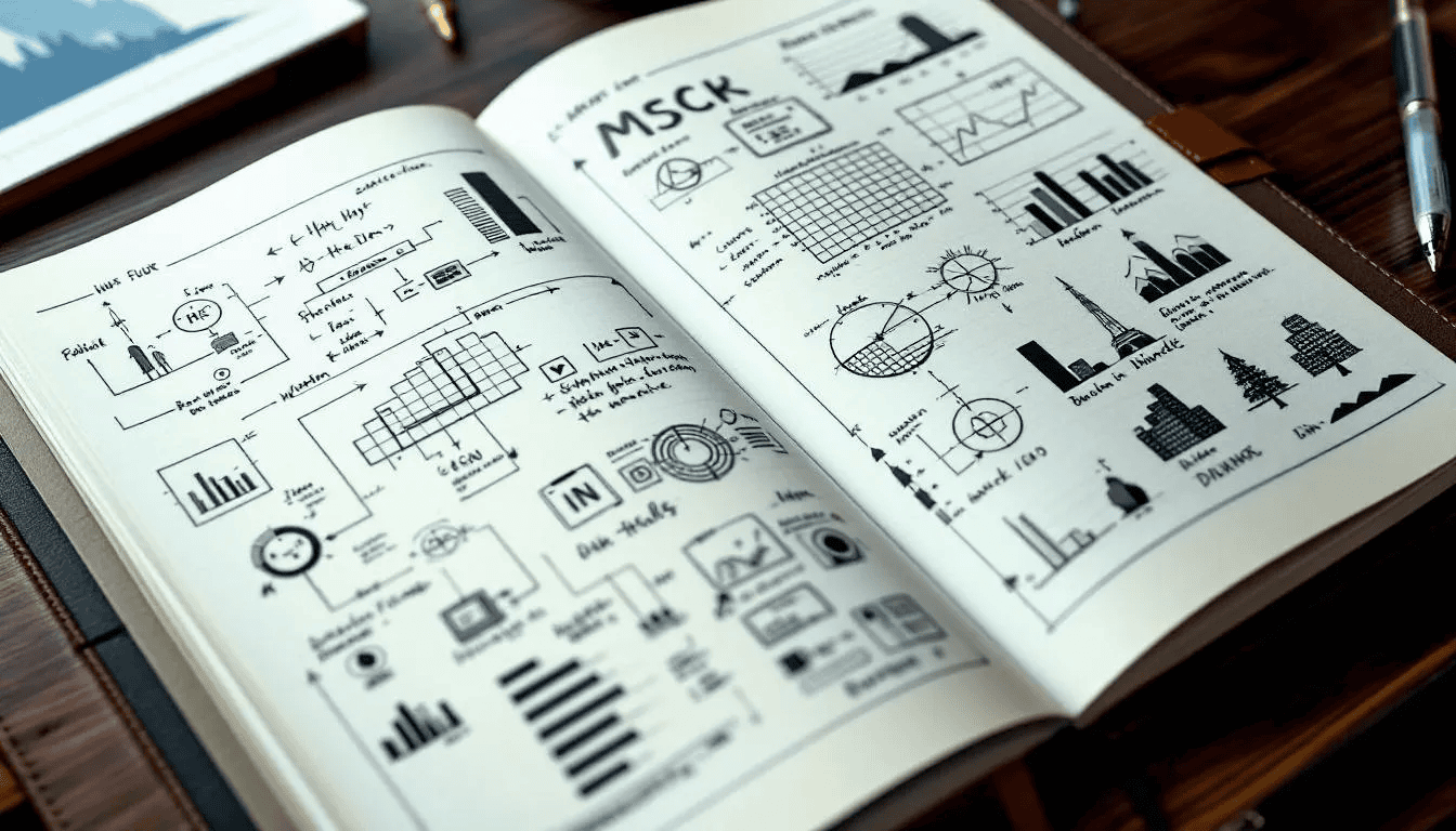 Auf dem Schreibtisch liegt ein Notebook, auf dessen Bildschirm verschiedene Grafiken und Diagramme zu sehen sind, die die Grundlagen des Affiliate Marketings veranschaulichen. Neben dem Laptop befinden sich einige Notizen und ein Stift, die auf eine aktive Planung im Bereich Online Marketing hinweisen.
