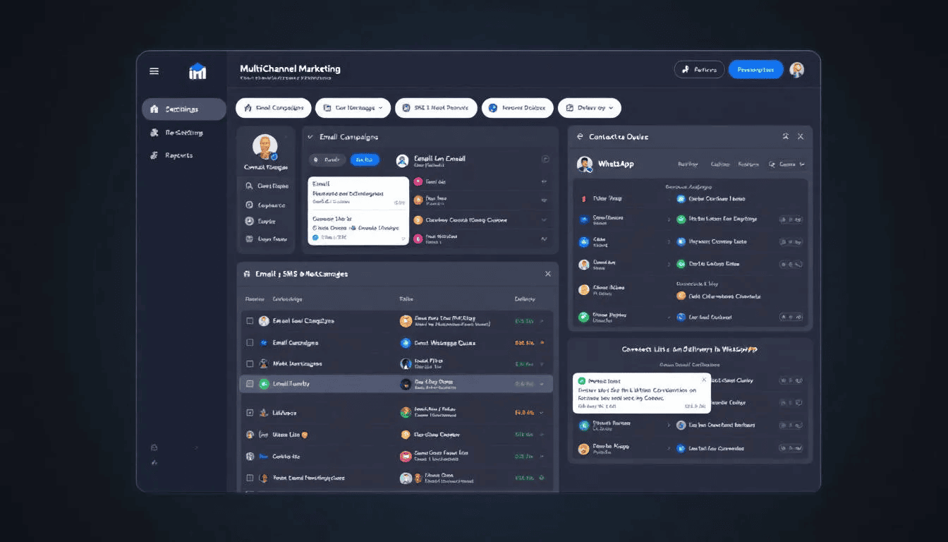 Das Bild zeigt ein Multichannel Marketing Dashboard, das die Integration von E-Mail, SMS und WhatsApp darstellt. Es verdeutlicht die Nutzung verschiedener e-mail marketing tools zur Verwaltung von Newsletter-Kampagnen und Kundenkommunikation.