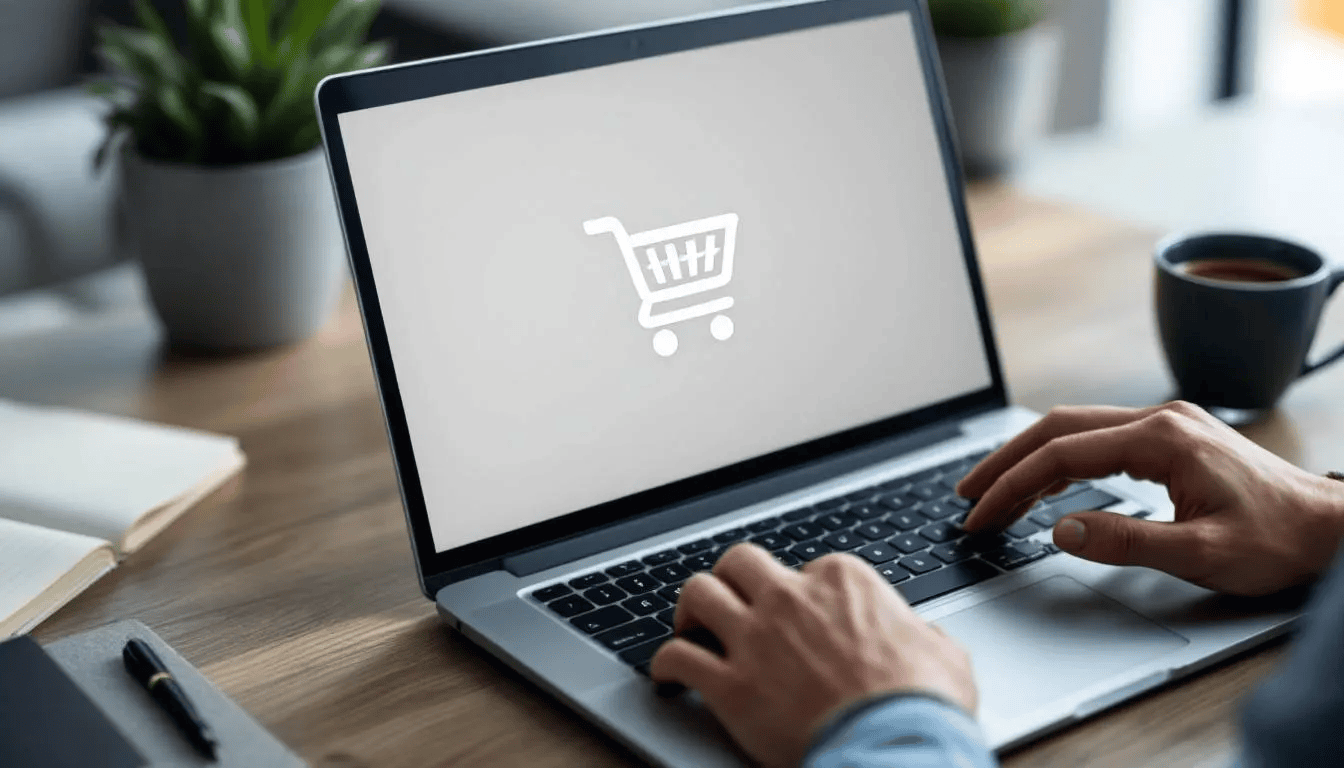 Eine Person tippt konzentriert auf einer Laptop-Tastatur, während auf dem Bildschirm ein Einkaufswagensymbol zu sehen ist, was auf Online-Shopping und Affiliate-Marketing hinweist. Diese Darstellung könnte mit Themen wie E-Commerce und Partnerprogrammen in Verbindung stehen.
