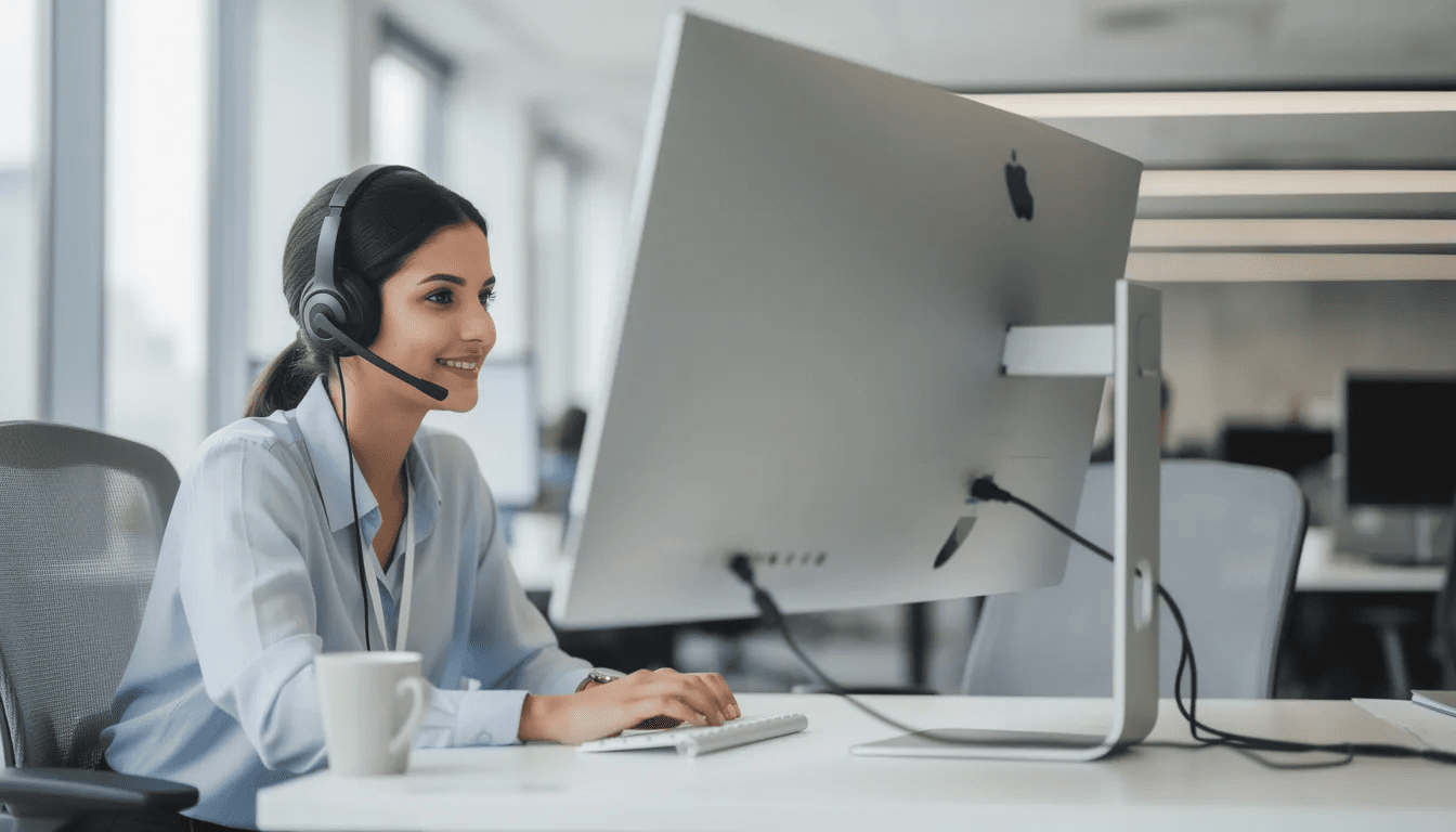 Ein Kundenservice-Mitarbeiter mit Headset sitzt vor einem Computerbildschirm und berät Nutzer zu Themen wie VPN-Diensten und deren Sicherheit. Er bietet Unterstützung rund um die Uhr und informiert über die Vorteile von Cyberghost, wie die 256-Bit-AES-Verschlüsselung und die Geld-zurück-Garantie.