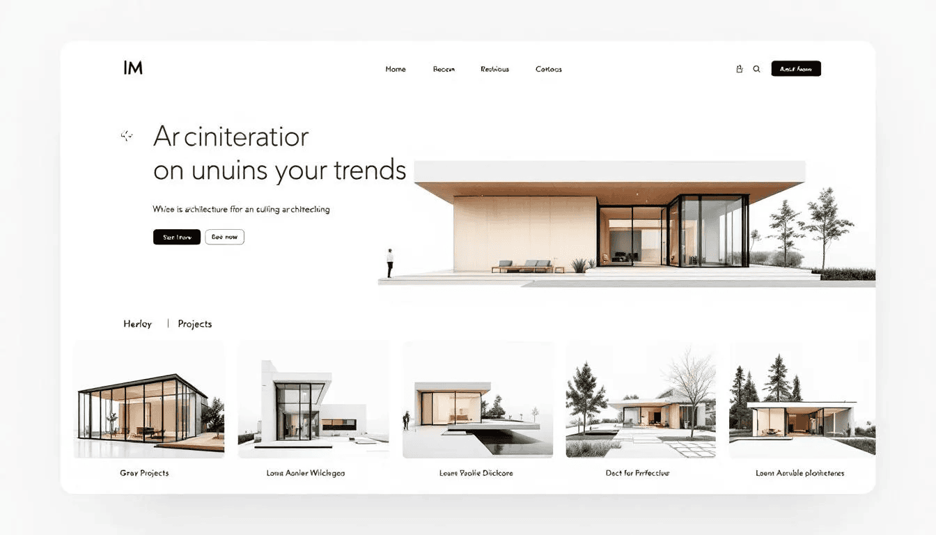 Eine moderne Architektur-Website präsentiert einen minimalistischen Designansatz mit klaren Linien und viel Weißraum, um die Projekte der Architekten hervorzuheben. Die Struktur ist übersichtlich und benutzerfreundlich, ideal für Interessenten, die nach Inspiration und kreativen Ideen in der Architektur suchen.