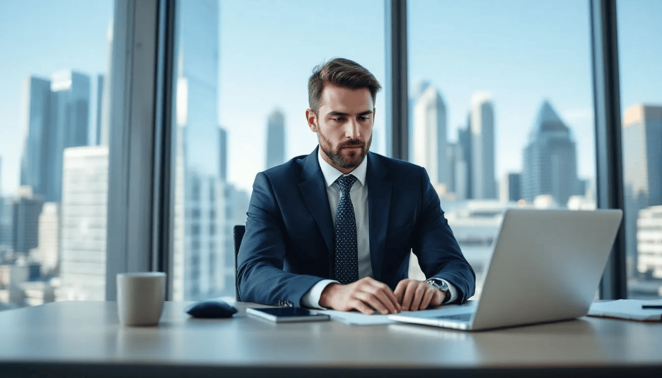 Ein Geschäftsmann sitzt an seinem Schreibtisch und versendet eine E-Mail am Computer, während er auf die Bildschirmansicht seiner Unternehmenswebsite schaut, die positive Bewertungen auf der Plattform ProvenExpert zeigt. Die Szene vermittelt ein Gefühl von Professionalität und Kundenfokus, da er sich um Kundenanfragen und deren Feedback kümmert.