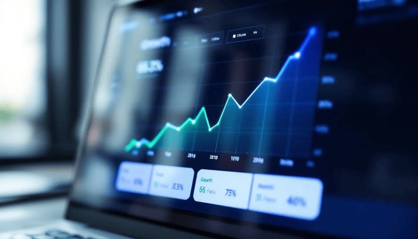 Das Bild zeigt ein digitales Display mit einem Wachstumskurven-Diagramm, das steigende Geschäftszahlen darstellt. Die Grafik symbolisiert den Erfolg von B2B-Unternehmen und deren SEO-Strategien im Online-Marketing.