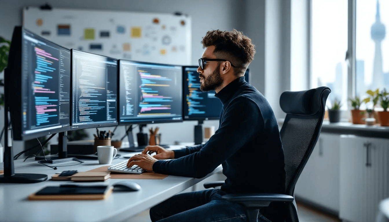 Eine professionelle Webdesignerin arbeitet konzentriert an mehreren Computerbildschirmen, während sie an der Erstellung von Webseiten und Designvorlagen für Kunden arbeitet. Die Bildschirme zeigen verschiedene Aspekte des Webdesigns, einschließlich Layouts und Inhalte für responsive Webseiten.