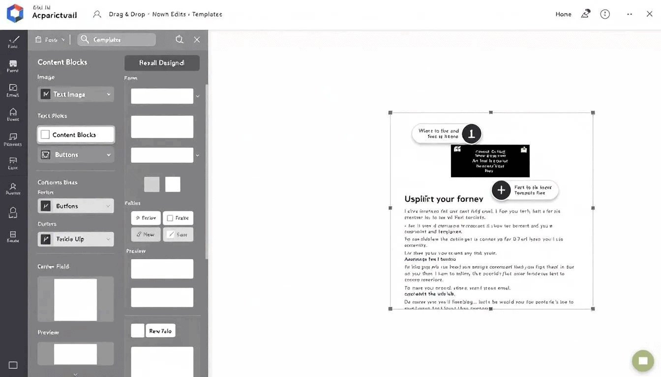 Das Bild zeigt einen Drag-and-Drop E-Mail Editor, der verschiedene Content-Blöcke und Vorlagen für die Erstellung von E-Mail-Kampagnen bietet. Nutzer können einfach Elemente anordnen, um ansprechende Newsletter mit Hilfe von E-Mail-Marketing-Software zu gestalten.