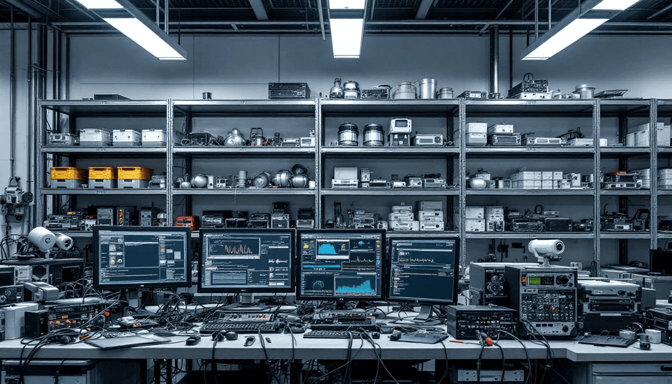 Das Bild zeigt eine industrielle Arbeitsumgebung mit technischem Equipment, darunter Computerbildschirme und Maschinen. Diese Umgebung ist typisch für Unternehmen, die sich mit B2B-Marketing und Suchmaschinenoptimierung (SEO) beschäftigen, um ihre Sichtbarkeit und Marktanteile zu erhöhen.