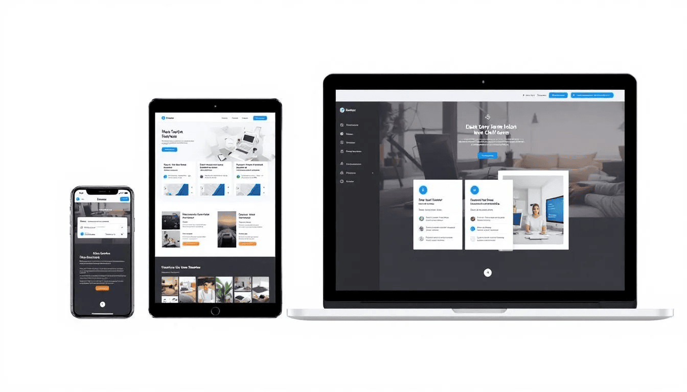 Eine Darstellung von responsive Website-Design, die zeigt, wie eine Coaching-Website auf einem Smartphone, Tablet und Desktop aussieht, um die mobile Optimierung und Benutzerfreundlichkeit für Coaches und ihre Klienten zu verdeutlichen. Die verschiedenen Geräte zeigen, wie wichtig es ist, eine klare und ansprechende Online-Präsenz zu haben, um Vertrauen und Ergebnisse zu erzielen.