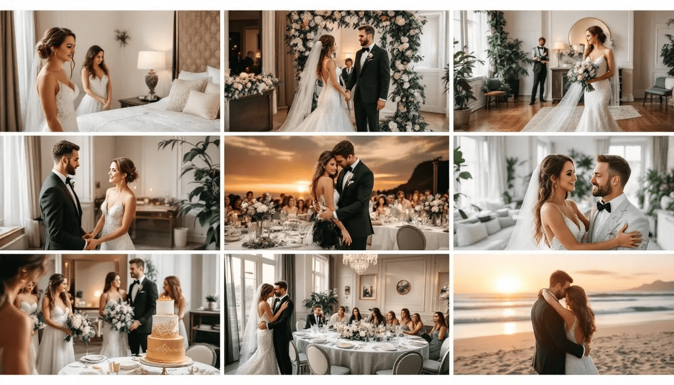 Eine ansprechende Hochzeitsfoto-Galerie zeigt eine Erzählsequenz, die die schönsten Momente des Hochzeitstags festhält. Das Layout ist so gestaltet, dass es die Emotionen und die Leidenschaft der Hochzeitsfotografie in einer ästhetischen Online-Präsenz perfekt zur Geltung bringt.